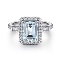 Skylah - 14K White Gold Emerald Cut Three Stone Halo Aquamarine and Diamond Engagement Ring