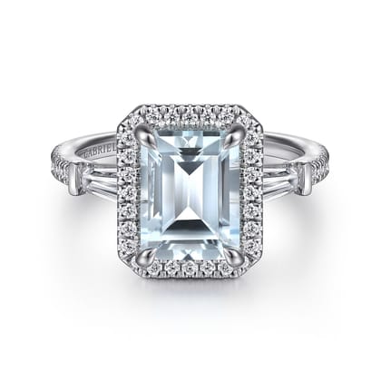 Skylah - 14K White Gold Emerald Cut Three Stone Halo Aquamarine and Diamond Engagement Ring