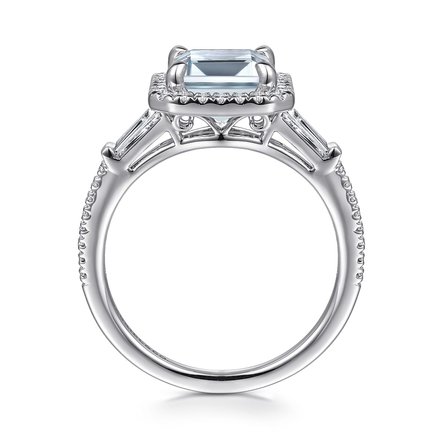 Skylah - 14K White Gold Emerald Cut Three Stone Halo Aquamarine and Diamond Engagement Ring