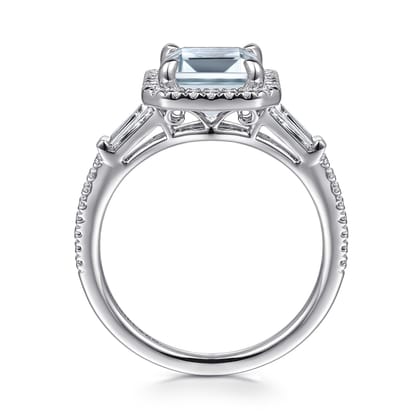 Skylah - 14K White Gold Emerald Cut Three Stone Halo Aquamarine and Diamond Engagement Ring
