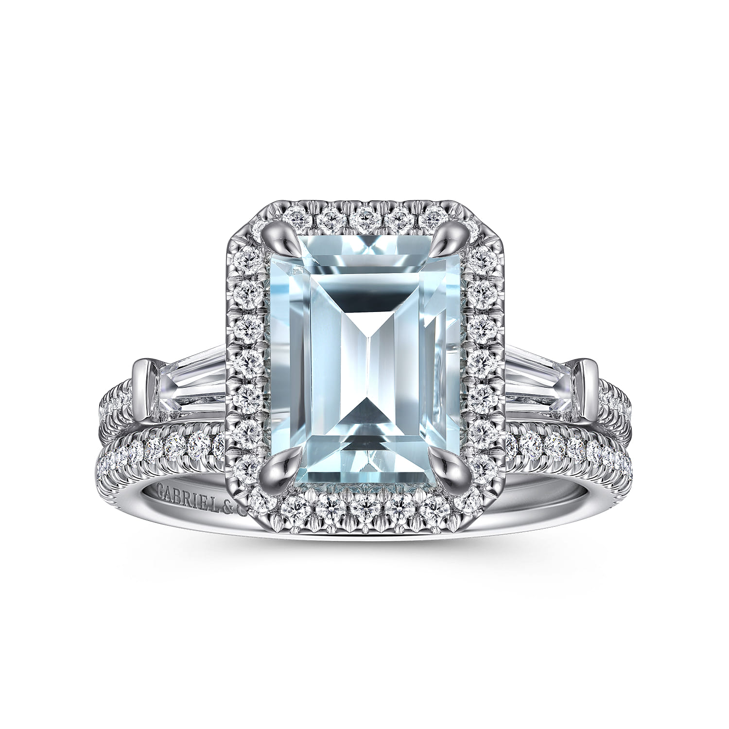 Skylah - 14K White Gold Emerald Cut Three Stone Halo Aquamarine and Diamond Engagement Ring