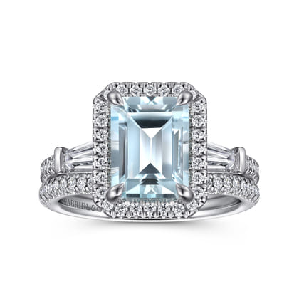 Skylah - 14K White Gold Emerald Cut Three Stone Halo Aquamarine and Diamond Engagement Ring