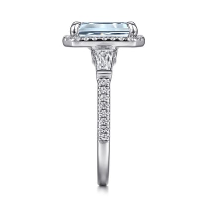 Skylah - 14K White Gold Emerald Cut Three Stone Halo Aquamarine and Diamond Engagement Ring