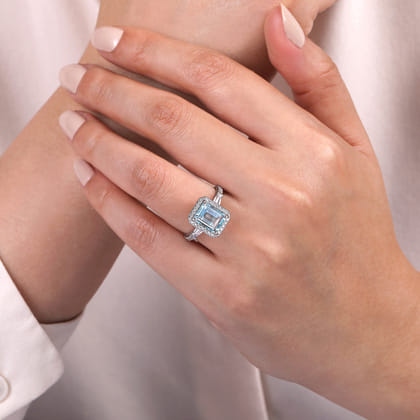 Skylah - 14K White Gold Emerald Cut Three Stone Halo Aquamarine and Diamond Engagement Ring