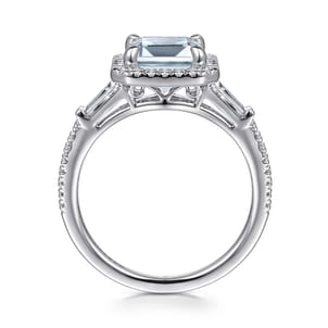 Skylah - 14K White Gold Emerald Three Stone Halo Aquamarine and Diamond Channel Set Engagement Ring