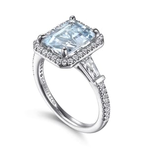 Skylah - 14K White Gold Emerald Three Stone Halo Aquamarine and Diamond Channel Set Engagement Ring