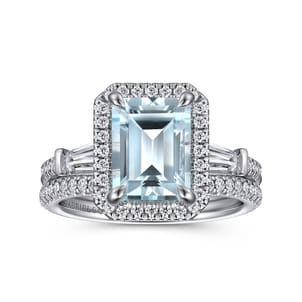 Skylah - 14K White Gold Emerald Three Stone Halo Aquamarine and Diamond Channel Set Engagement Ring