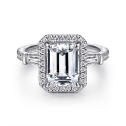 14K White Gold Emerald Three Stone Halo Diamond Engagement Ring