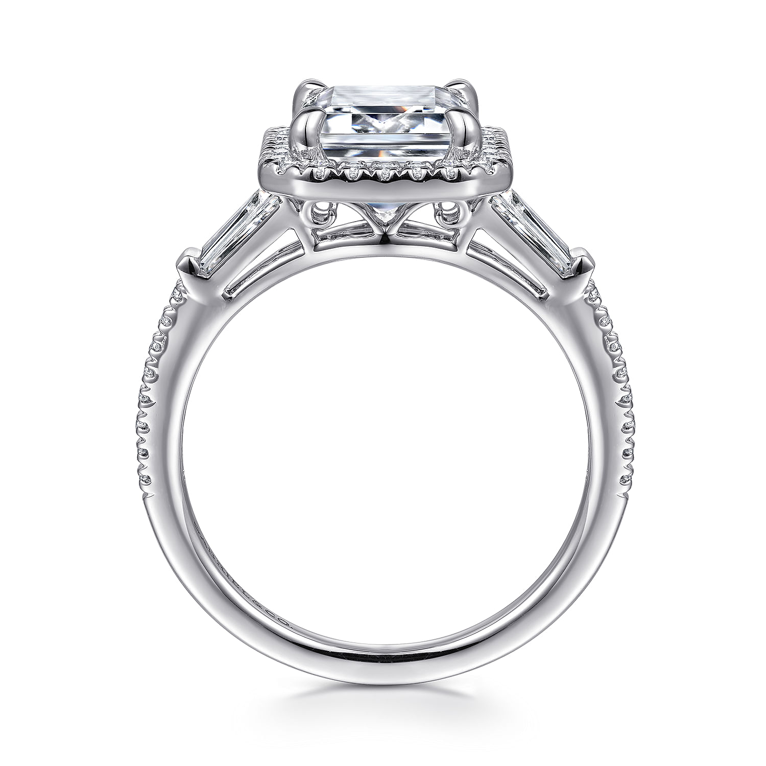 Skylah - 14K White Gold Emerald Three Stone Halo Diamond Engagement Ring