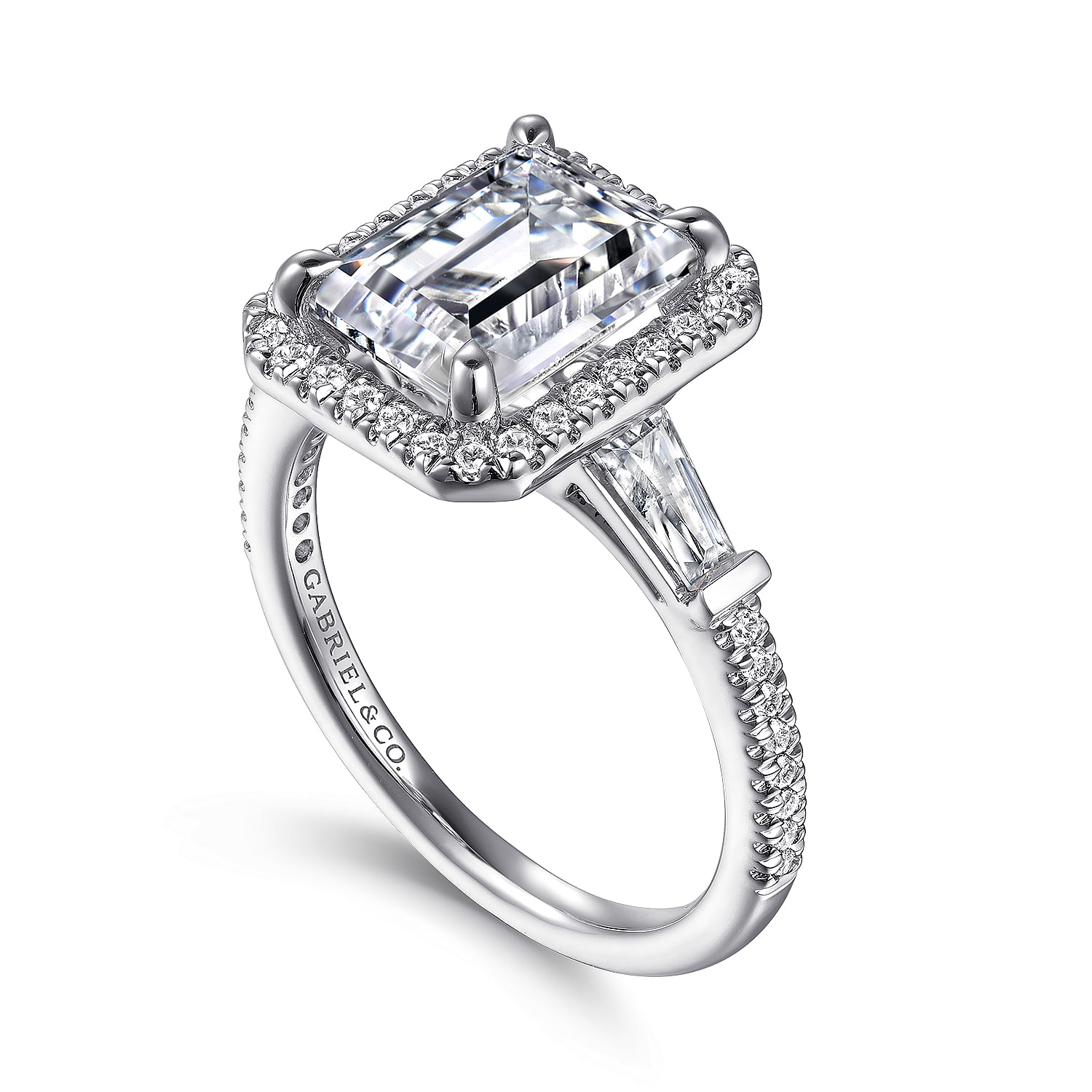 Skylah - 14K White Gold Emerald Three Stone Halo Diamond Engagement Ring