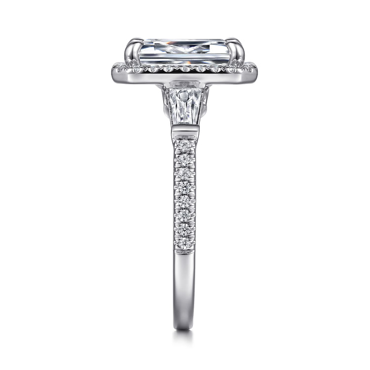 Skylah - 14K White Gold Emerald Three Stone Halo Diamond Engagement Ring