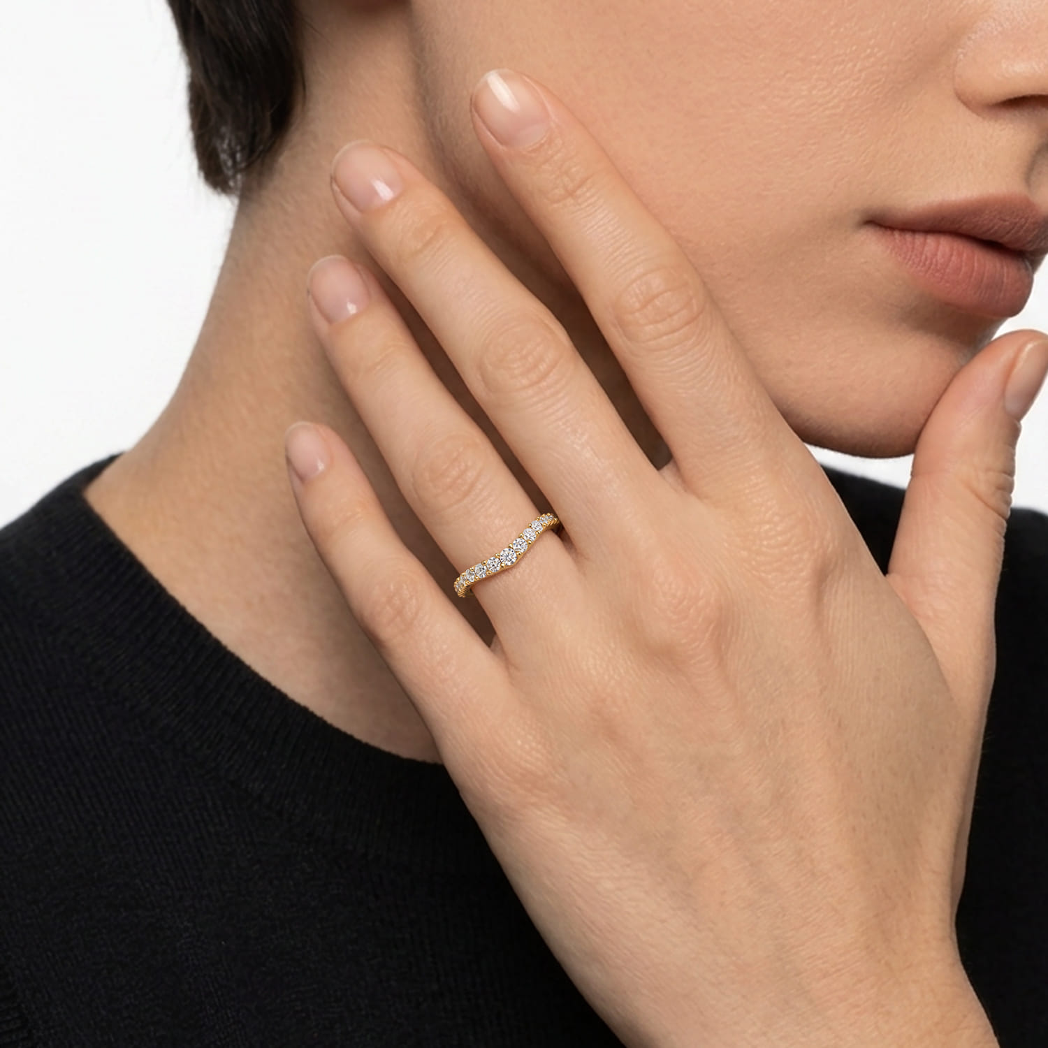 Curved Wedding Ring in 14k Yellow Gold with Round Natural Diamond at Gabriel & Co. - Shot 5