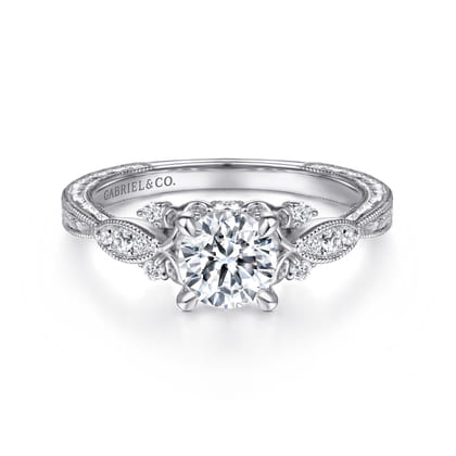 Solene - Vintage Inspired 14K White Gold Round Diamond Engagement Ring