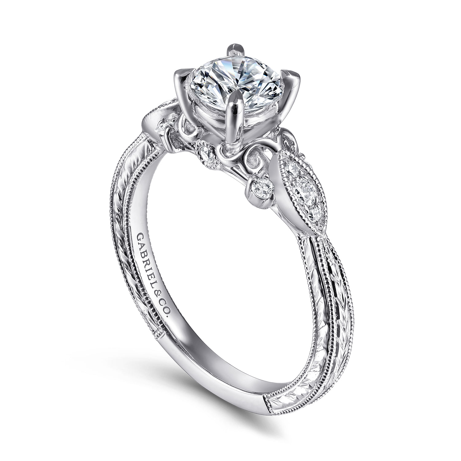 Solene - Vintage Inspired 14K White Gold Round Diamond Engagement Ring - 0.13 ct - Shot 3