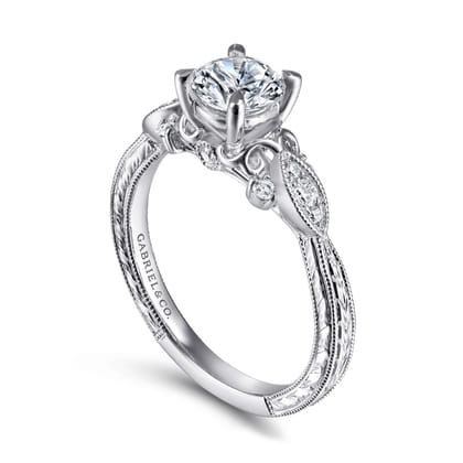 Solene - Vintage Inspired 14K White Gold Round Diamond Engagement Ring