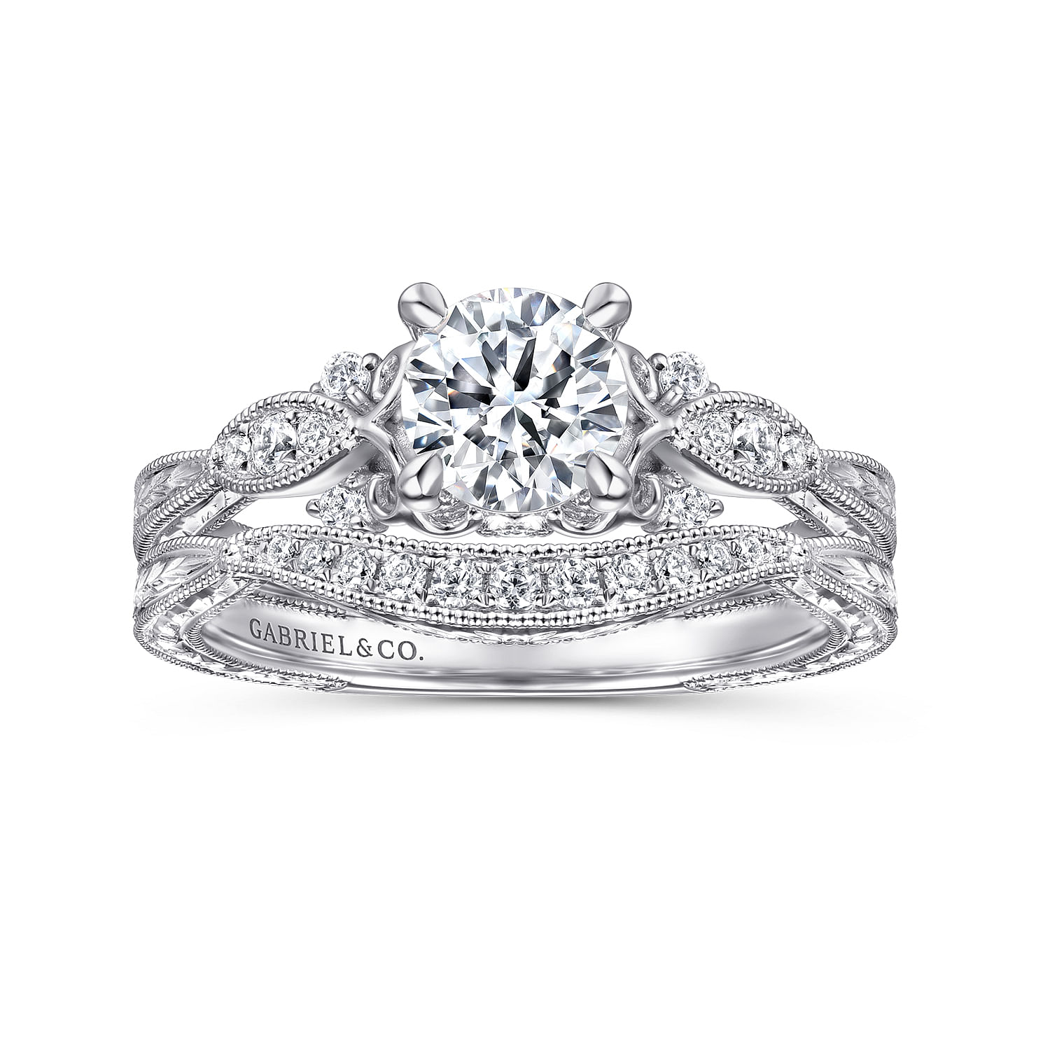 Solene - Vintage Inspired 14K White Gold Round Diamond Engagement Ring - 0.13 ct - Shot 4