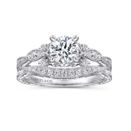 Solene - Vintage Inspired 14K White Gold Round Diamond Engagement Ring