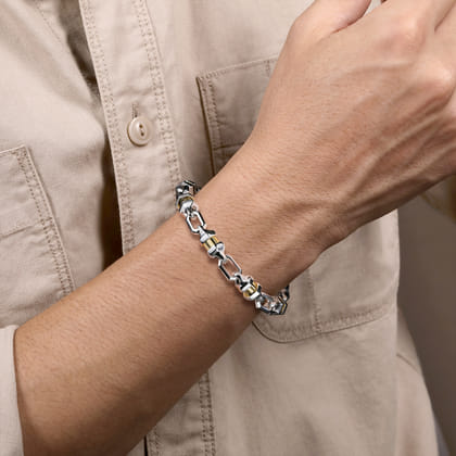 Solid Chain Bracelet Cylinder Spacer 925 Sterling Silver and 14K Yellow Gold