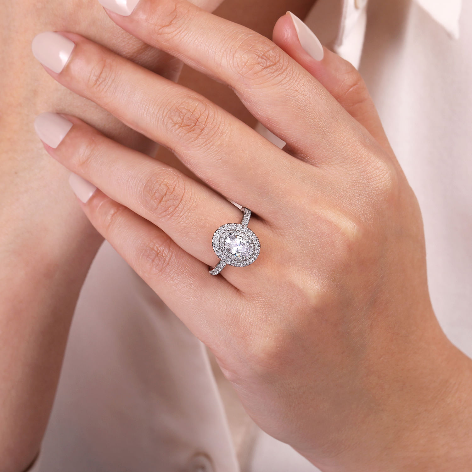 Sonay - 14K White Gold Oval Double Halo Diamond Engagement Ring