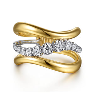 Soraya - 14K White  Yellow Gold Diamond Wave Wide Band Ring