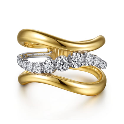 Soraya - 14K White  Yellow Gold Diamond Wave Wide Band Ring