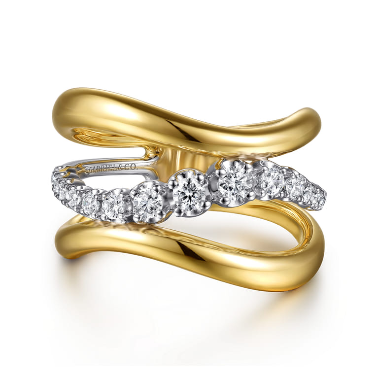 Soraya - 14K White  Yellow Gold Diamond Wave Wide Band Ring - 0.35 ct - Shot 1