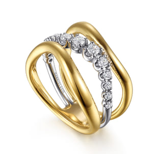 Soraya - 14K White  Yellow Gold Diamond Wave Wide Band Ring