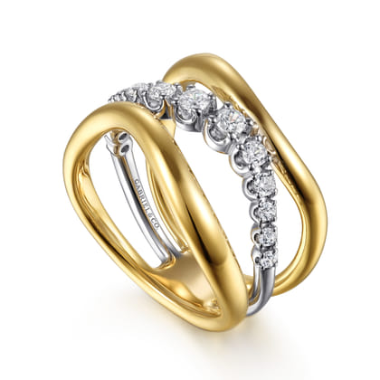 Soraya - 14K White  Yellow Gold Diamond Wave Wide Band Ring