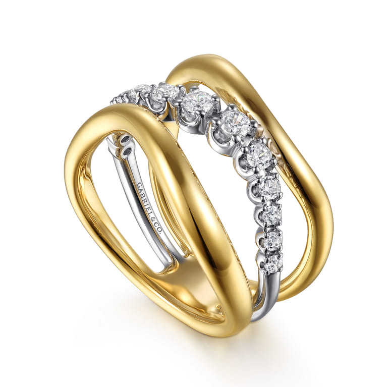 Soraya - 14K White  Yellow Gold Diamond Wave Wide Band Ring - 0.35 ct - Shot 3
