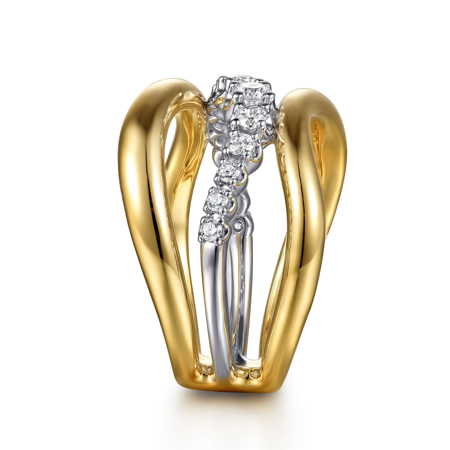 Soraya - 14K White  Yellow Gold Diamond Wave Wide Band Ring