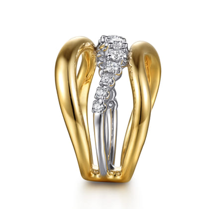 Soraya - 14K White  Yellow Gold Diamond Wave Wide Band Ring