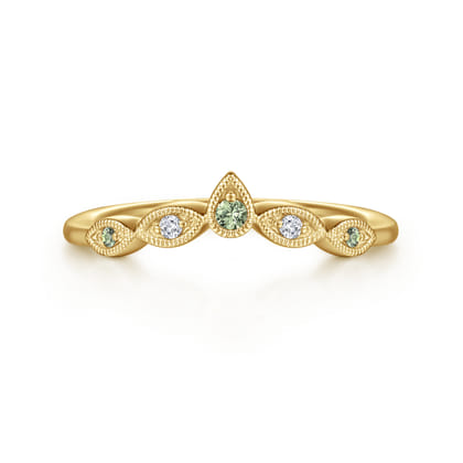 Spirit - Vintage Inspired 14K Yellow Gold Curved Green Sapphire and Diamond Anniversary Band