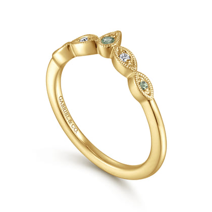 Spirit - Vintage Inspired 14K Yellow Gold Curved Green Sapphire and Diamond Anniversary Band