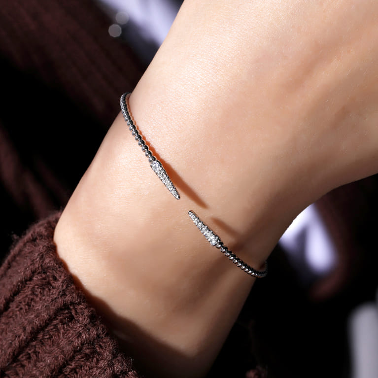 Split 14K White Gold Bujukan Bead Cuff Bracelet with Diamond Pave Spikes - 0.25 ct - Shot 4