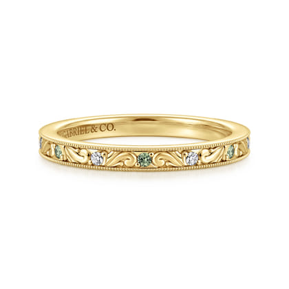 Spouse - Vintage Inspired 14K Yellow Gold Green Sapphire and Diamond Anniversary Band