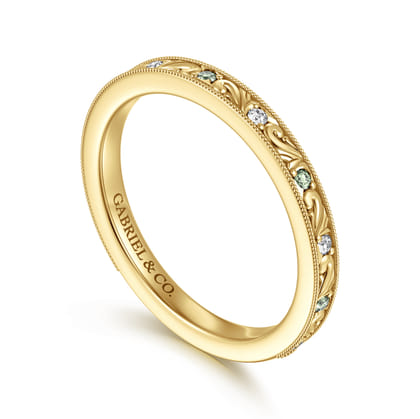 Spouse - Vintage Inspired 14K Yellow Gold Green Sapphire and Diamond Anniversary Band
