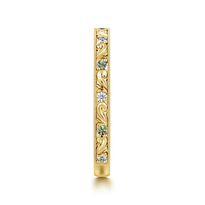 Spouse - Vintage Inspired 14K Yellow Gold Green Sapphire and Diamond Anniversary Band
