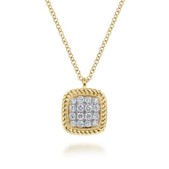 Square 14K Yellow Gold Pavé Diamond Pendant Necklace with Twisted Rope Frame