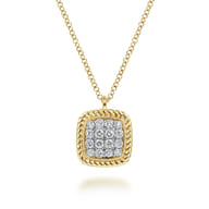 Square 14K Yellow Gold Pave Diamond Pendant Necklace with Twisted Rope Frame