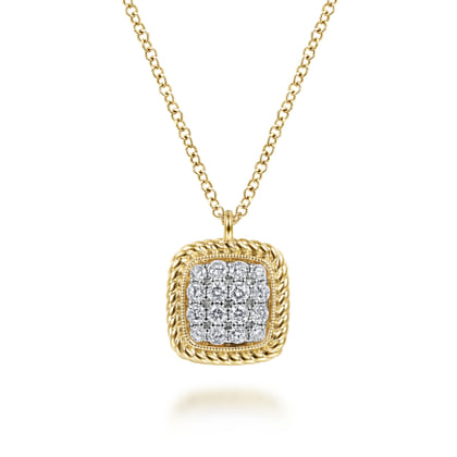 Square 14K Yellow Gold Pave Diamond Pendant Necklace with Twisted Rope Frame