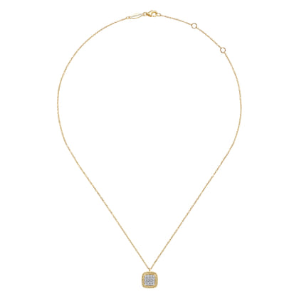 Square 14K Yellow Gold Pave Diamond Pendant Necklace with Twisted Rope Frame