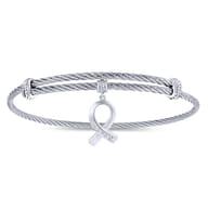 Stainless Steel Twisted Cable Bangle with Silver and White Sapphire HOPE Breast Cancer Awareness Charm