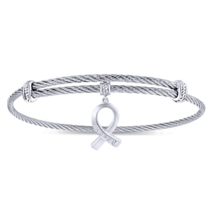 Stainless Steel Twisted Cable Bangle with Silver and White Sapphire HOPE Breast Cancer Awareness Charm