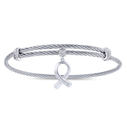 Stainless Steel Twisted Cable Bangle with Silver and White Sapphire HOPE Breast Cancer Awareness Charm