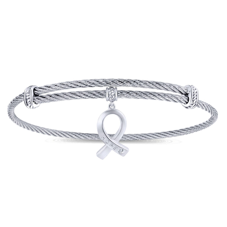 Stainless Steel Twisted Cable Bangle with Silver and White Sapphire HOPE Breast Cancer Awareness Charm - Shot 1