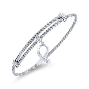 Stainless Steel Twisted Cable Bangle with Silver and White Sapphire HOPE Breast Cancer Awareness Charm