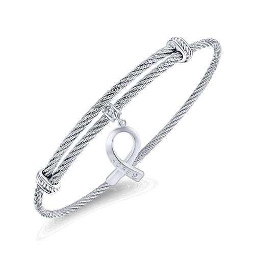 Stainless Steel Twisted Cable Bangle with Silver and White Sapphire HOPE Breast Cancer Awareness Charm - Shot 2