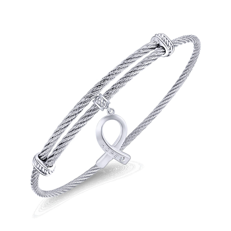 Stainless Steel Twisted Cable Bangle with Silver and White Sapphire HOPE Breast Cancer Awareness Charm - Shot 2