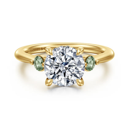 Stella - 14K Yellow Gold Round Three Stone Green Sapphire and Diamond Engagement Ring