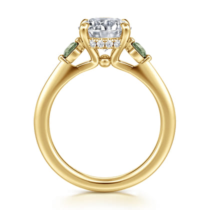 Stella - 14K Yellow Gold Round Three Stone Green Sapphire and Diamond Engagement Ring